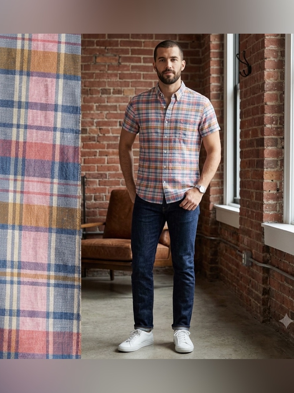 J.Crew Slim Fit Men’s Large Linen Cotton Plaid Button Down Shirt Short Sleeve